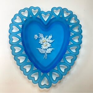 Vintage Westmoreland Blue Satin  Glass Heart Shaped Hand Painted Flowers Tray